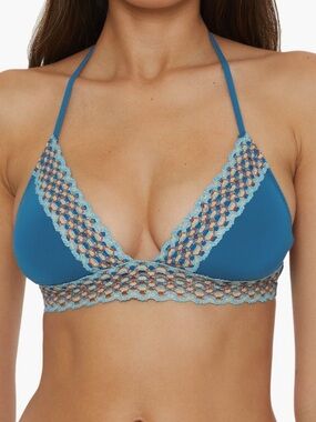 BECCA Harmonia Lagoon Blue Lace Trim Tie Back Bikini Swim Top - Sz Medium, NWT